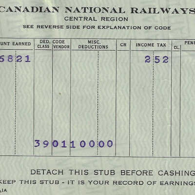 Canadian National Statement of Earnings and Deductions belonging to Frank Mazzuca