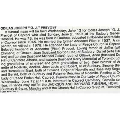 Document, Obituary, Odilas Joseph Prevost.