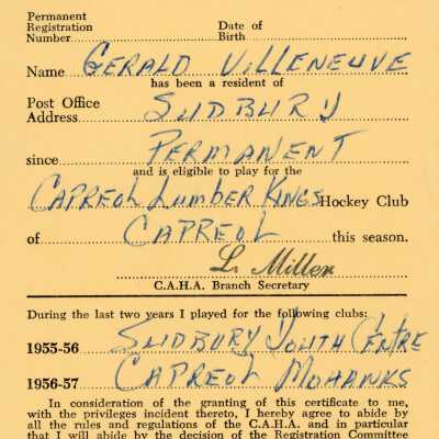 Hockey Player's Registration Certificate belonging to Gerald Villeneuve