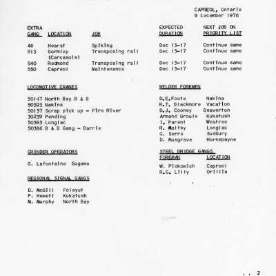 Document, Canadian National Railways, Northern Ontario Area, Capreol Ontario Location Reports, 9 December 1976.