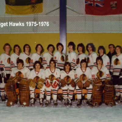 Photograph, 1975-1976 Capreol Midget Hawks. Blake Goulet, Tom Anderson, Don Austin, Tom Marquis, Dean Chokan, Wayne Mohns, Larry Lambovitch, Tony Dotto, Perry Colasimone, Robin Chuipka, Allen Melville, Killes Moreau, Phillip Butler, Mike Brownrigg, Claude Roy, Steve Kasper, Bryne Bowness.