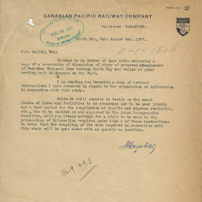 Letter sent from T. Hambley, esquire to B. J. Quilty, esquire regarding a study of proposed abandonment