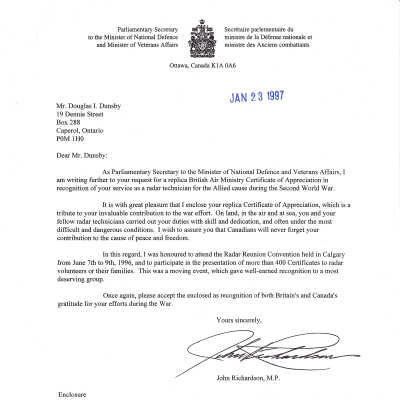 Letter, John Richardson Parliamentary Secretary to Minister of National Defence and Veterans Affairs, to Douglas Islay Dunsby. January 23rd 1997