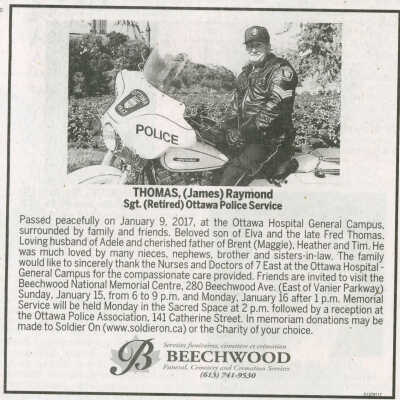 Obituary of Ray Thomas in the Ottawa Citizen, January 14, 2017