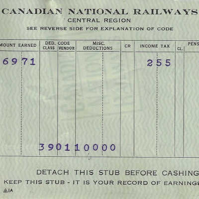 Canadian National Statement of Earnings and Deductions belonging to Frank Mazzuca