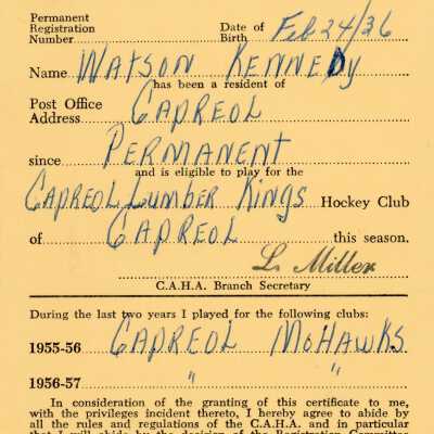 Hockey Player's Registration Certificate belonging to Watson Kennedy