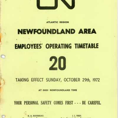 CN Employee Operating Time Table 20 for Atlantic Region, Newfoundland Area, Effective Sunday, October 29th, 1972
