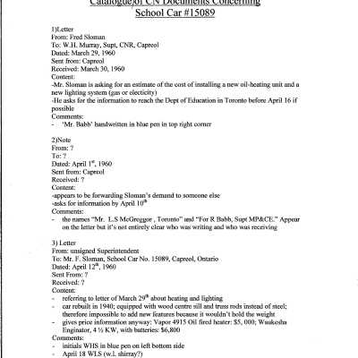 Catalogue of CN Documents Concerning School Car #15089