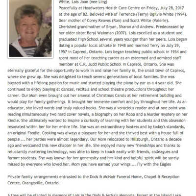 Online Obituary for Lois White (July 28, 2017)