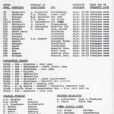 Document, Canadian National Railways, Northern Ontario Area, Capreol Ontario Location Reports, 16 September 1977.