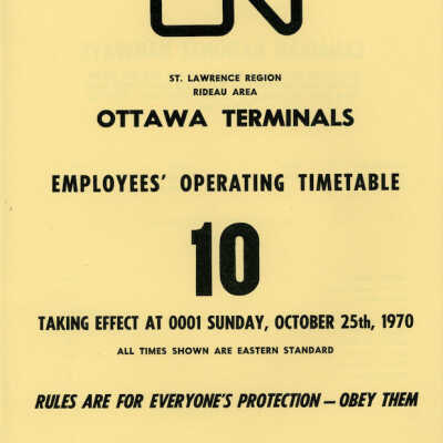 Employee Timetable, CN Rail, Ottawa Terminals 10, October 25th 1970.