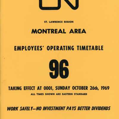 Employee Timetable, CN Rail, St. Lawrence Region, Montreal Area, Timetable 96, October 26th, 1969.