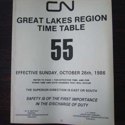 CN Great Lakes Region Time Table No. 55, Effective Sunday, October 26th, 1986