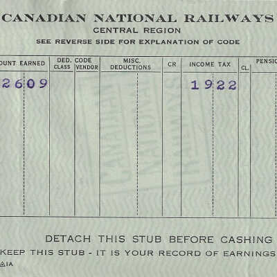 Canadian National Statement of Earnings and Deductions belonging to Frank Mazzuca
