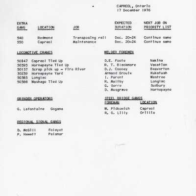 Document, Canadian National Railways, Northern Ontario Area, Capreol Ontario Location Reports, 17 December 1976.