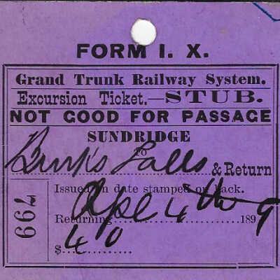 Grand Trunk Railway System: Sundridge to Brink's Falls and return Ticket Stub