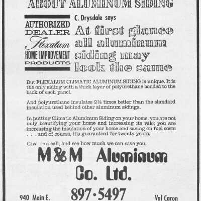 Newspaper Advertisement, M&M Aluminum Company Limited, Val Caron.