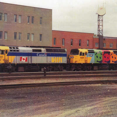 Photograph, VIA Locomotives 6431, 6439, Capreol, Ontario, Kool Aid Locomotive.