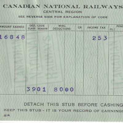 Canadian National Statement of Earnings and Deductions belonging to Frank Mazzuca