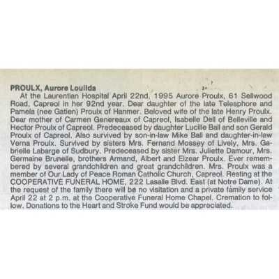 Document, Obituary, Aurore Proulx.