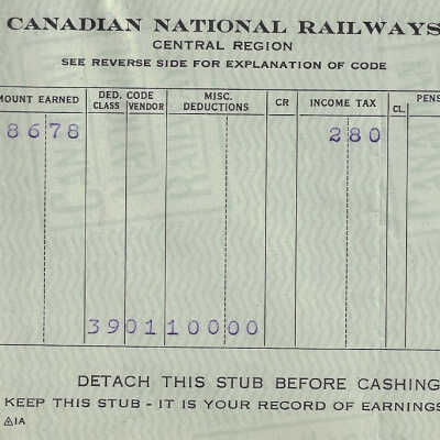 Canadian National Statement of Earnings and Deductions belonging to Frank Mazzuca