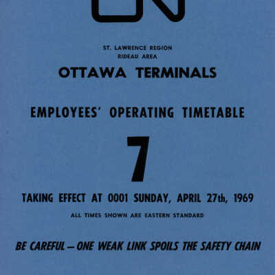 Employee Timetable, CN Rail, Ottawa Terminals 7, April 27th 1969.