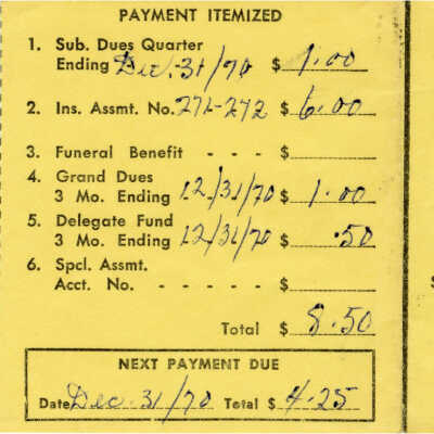 Grand Lodge Ladies Society of the Brotherhood of Locomotive Firemen & Enginemen Payment Receipt for Dues, Catherine Deavy, 1970