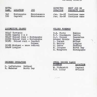 Document, Canadian National Railways, Northern Ontario Area, Capreol Ontario Location Reports, 21 January 1977, 2.