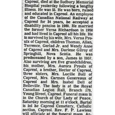 Document, Obituary, Gerald Proulx.