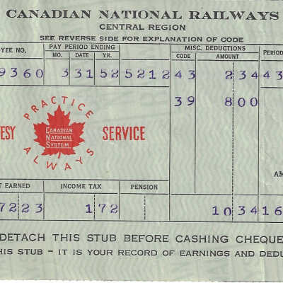Canadian National Statement of Earnings and Deductions belonging to Frank Mazzuca
