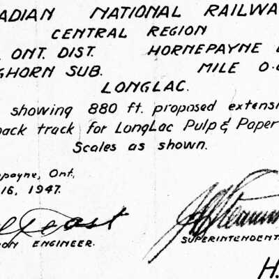Canadian National: Plan Showing the 880’ Proposed Extension to the Back Track for the LongLac Pulp and Paper Co at LongLac