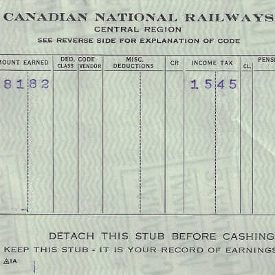 Canadian National Statement of Earnings and Deductions belonging to Frank Mazzuca