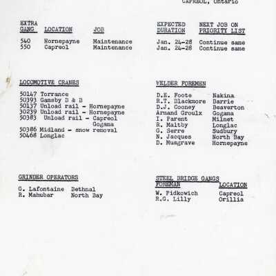 Document, Canadian National Railways, Northern Ontario Area, Capreol Ontario Location Reports, 21 January 1977.