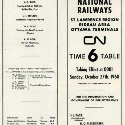 Employee Timetable, CN Rail, St. Lawrence Region Rideau Area Ottawa Terminals 6, October 27th 1968.