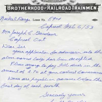 Brotherhood of Railroad Trainmen Lodge 894, Acceptance Letter written to J. C. Gaudaur, 1953