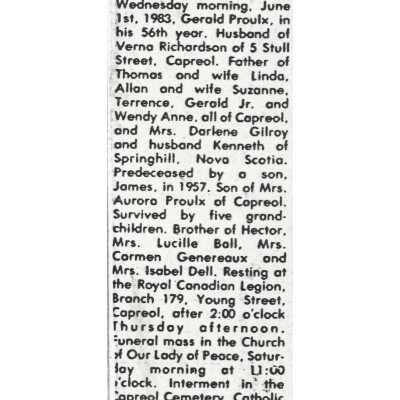 Document, Obituary, Gerald Proulx.
