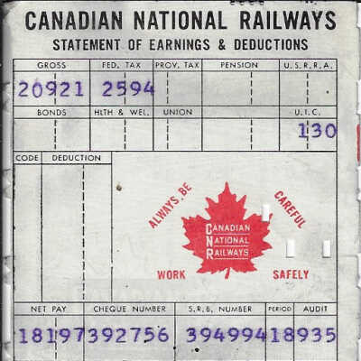 Canadian National Statement of Earnings and Deductions belonging to Frank Mazzuca