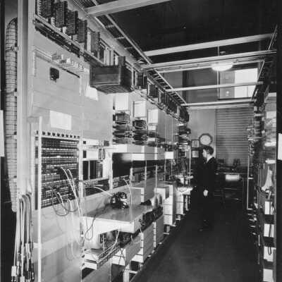Photograph, Radio broadcasting equipment in the C.P.R. (Canadian Pacific Railway) Building, Toronto, Ontario, 1934.