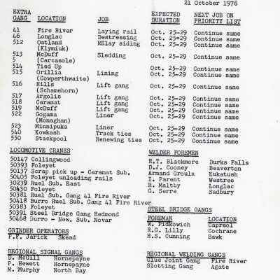 Document, Canadian National Railways, Northern Ontario Area, Capreol Ontario Location Reports, 21 October 1976.