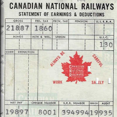 Canadian National Statement of Earnings and Deductions Belonging to Frank Mazzuca