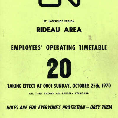 Employee Timetable, CN Rail, Rideau Area 20, October 25th 1970