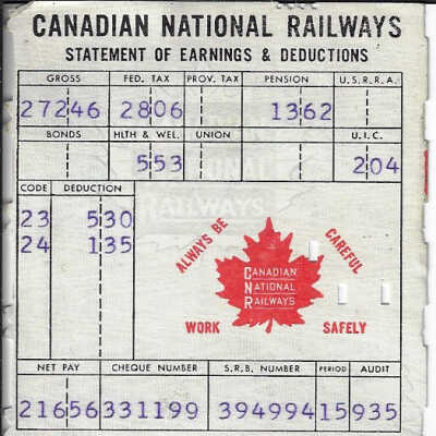Canadian National Statement of Earnings and Deductions belonging to Frank Mazzuca