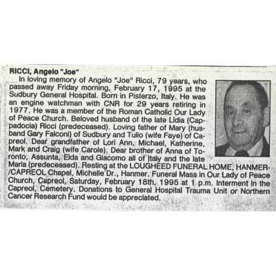 Document, Obituary, Angelo Ricci.
