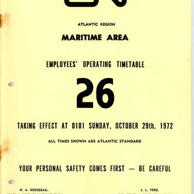 CN Employee Operating Time Table 26 for Atlantic Region, Maritime Area, Effective Sunday, October 29th, 1972
