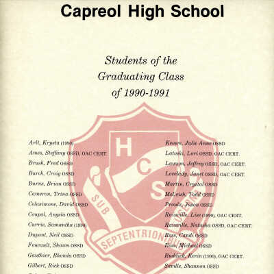 Capreol High School Graduating Class List, 1990-1991