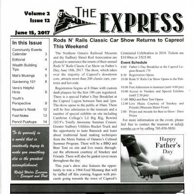 "Rods N' Rails Classic Car Show Returns to Capreol This Weekend" Front cover story in The Express, June 15 2017 Issue