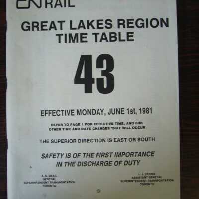 CN Rail Great Lakes Region Time Table 43, Effective Monday, June 1st, 1981