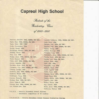 Capreol High School Graduating Class List, 1989-1990