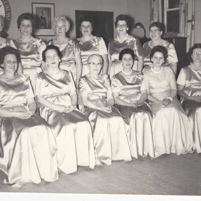 Photograph, CNR Lady Trainmen Lodge, Capreol, Ontario, Late 50's/Early 60's. Top Row: Annie Roach, Julie Godin, Cora Edwards, Marg Watt, Mildred Hedley, Chris O'Connor, Bottom Row: Eileen ?, Mabel Tetreau, Kay Peter, Myrtle Ledingham, Bea Metcalfe, Mary Woodil