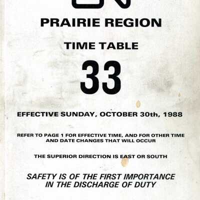 Timetable, CN Prairie Region 33. October 30th 1988.